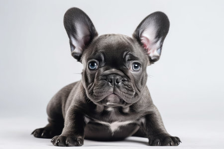 infant french bulldog in studio shot with white backdropの素材