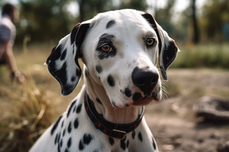 a dalmatian dog in a park looks at the camera. Generative AIの素材