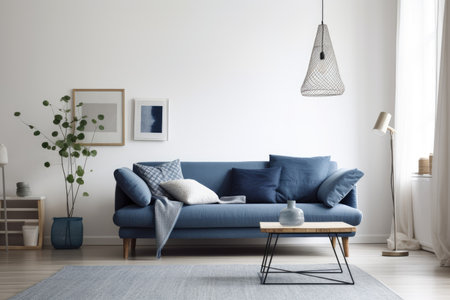 a pleasant apartment with a white plain furniture and a blue sofaの素材