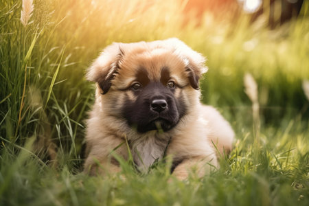Portrait of a lovely Elo puppy outside in the meadowの素材