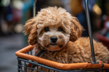 a cute teddy dog in a pet cartの素材