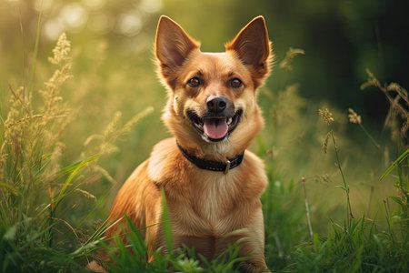Young lively dog outside on a background of lush summer grassの素材