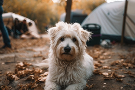 a fluffy white dog in a campground (Savona, Italy). Generative AIの素材