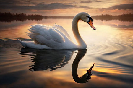 Swan floating on the water as the day beginsの素材