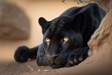 The black panther was sprawled out on the ground, studying itの素材