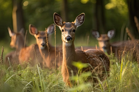 a forest full of deer. Early morning deer in a field (Capreolus capreolus)の素材