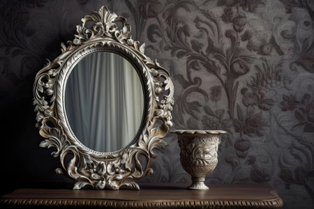 White vintage mirror or frame, top view. For mockups, a photo montage may be usedの素材