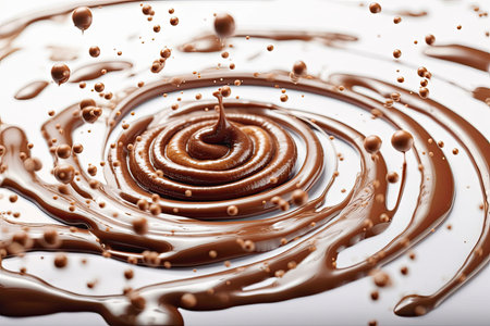spiral shaped chocolate splashes with falling droplets over a white backgroundの素材