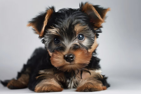 Yorkshire terrier puppy from Biewer posing on a white backgroundの素材