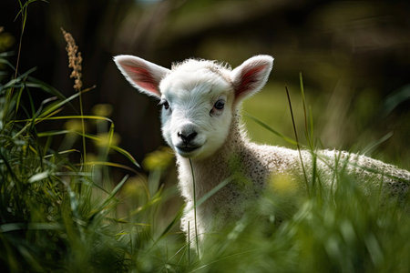 a lamb against a scene of untamed natureの素材