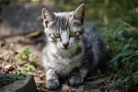 an ill gray kitten with swollen eyes. Generative AIの素材