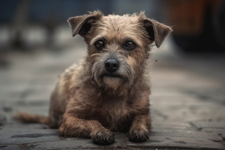 little brown dog on asphalt. Image of a shelter petの素材