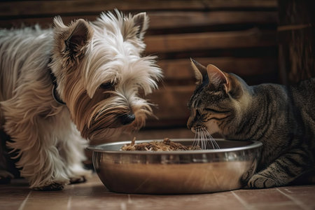 animal chewing a foot. Dog and cat eat from the same bowlの素材
