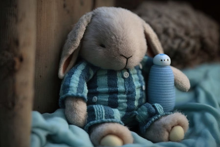 A picture of a cute bunny wearing pajamas and holding a toyの素材