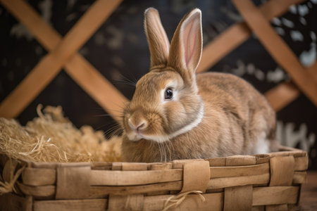 A gorgeous light brown love bunny sits in a wooden dish on the floor, surrounded by two heartsの素材