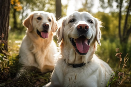 youthful, contented retrievers playing outside in a parkの素材