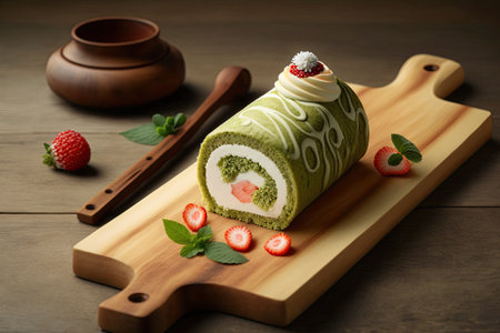 Roll cake made with matcha green tea, fresh cream, and strawberry paste, served on a wooden boardの素材