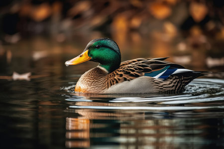 Mallard male duck swimming in a body of water. colored head. The end of winter. Detailed portraitの素材