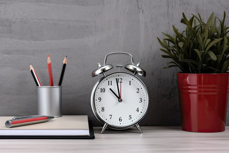 Retro clock, plant, and pencils in a workspace, interior, or office concept on a silver backgroundの素材