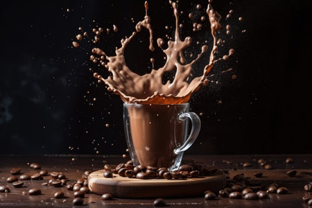 Coffee Beans Falling While Coffee and Creamer Mixの素材