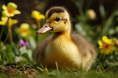 Fluffy yellow duckling amidst grass and strawberry blooms in the gardenの素材