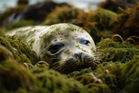 A young seal sleeping in an algae bush by the water. Generative AIの素材