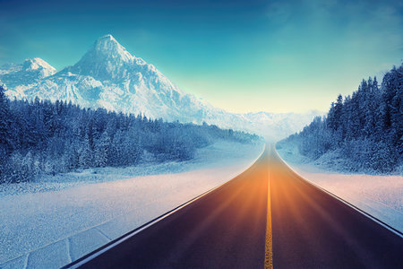3d illustration of snowy road advertisement. snow road with