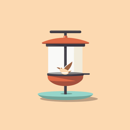 Vector of a bird sitting on top of a bird feeder in a flat icon styleの素材