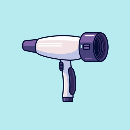Vector of a flat icon of a purple and white hair dryer on a blue backgroundの素材