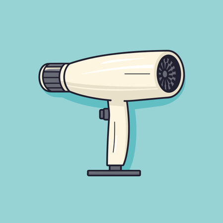 Vector of a white hair dryer on a blue background with a flat and minimalistic designの素材