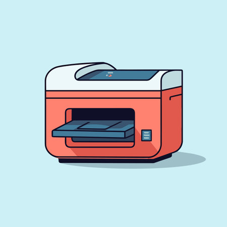 Vector of a flat icon of a red and white printer on a blue backgroundの素材