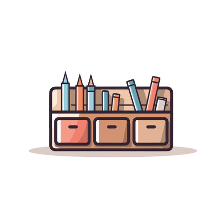 Vector of a wooden box filled with books and pencilsの素材