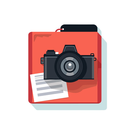 Vector of a flat icon of a camera on top of a red folderの素材