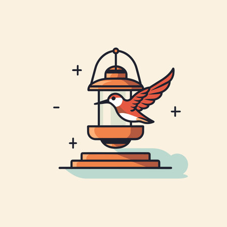 Vector of a bird perched on a bird feeder in a flat icon styleの素材