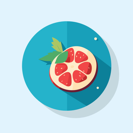 Vector of a pomegranate on a blue plate with a green leaf, flat icon vectorの素材