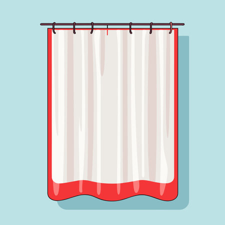 Vector of a red and white shower curtain hanging on a blue wallのイラスト素材