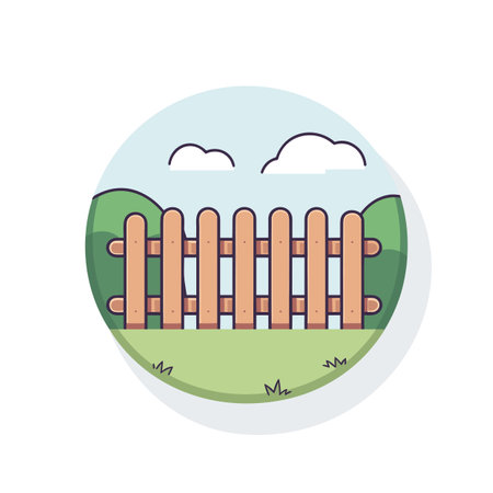 Vector of a wooden fence with grass and clouds in the backgroundの素材