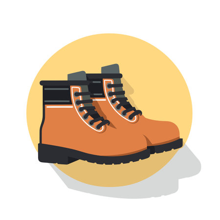 Vector of a pair of orange boots on top of a yellow circleの素材