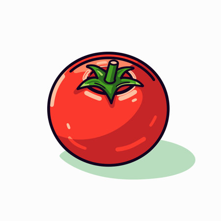 Vector of a simple and minimalist tomato icon with a green stem, perfect for use in vector illustrations and designsの素材