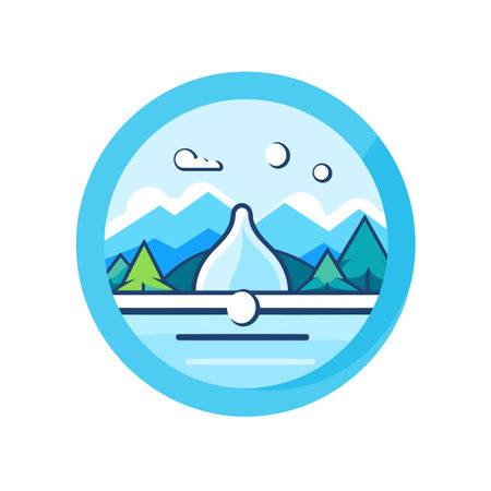 Vector of a blue circle with mountains and clouds in the backgroundの素材