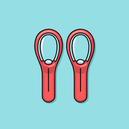 Vector of a pair of red scissors on a blue backgroundの素材