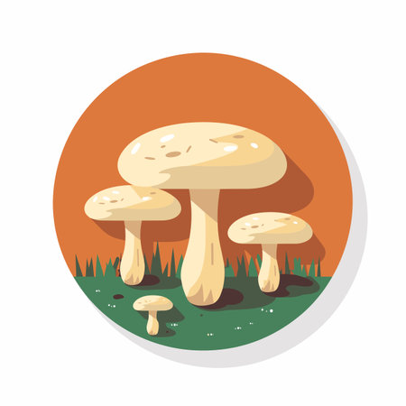 Vector of a group of mushrooms sitting on top of a lush green fieldの素材
