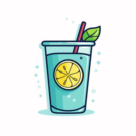 Vector of a glass of lemonade with a green leaf on top - flat icon vectorの素材