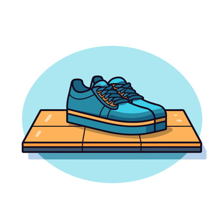 Vector of a flat icon of a blue shoe on a wooden platformの素材