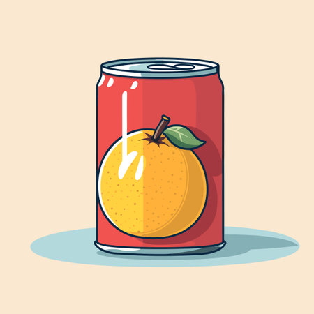 Vector of a can of orange juice with a green leaf on top, in a simple and minimalistic styleの素材