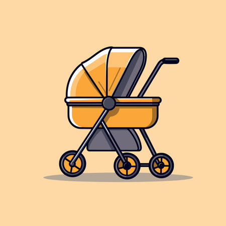 Vector of a yellow baby stroller on a yellow backgroundの素材