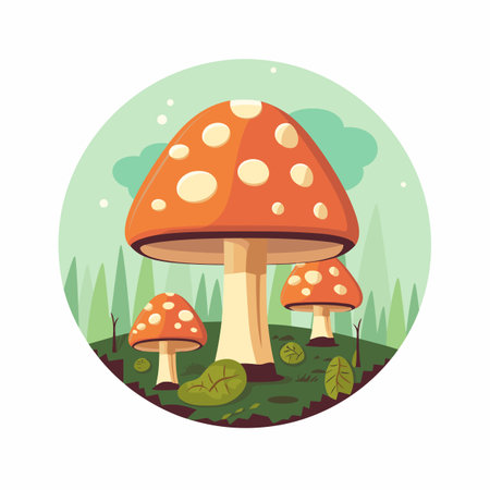 Vector of a group of mushrooms on a green field with a simple and minimalist designの素材