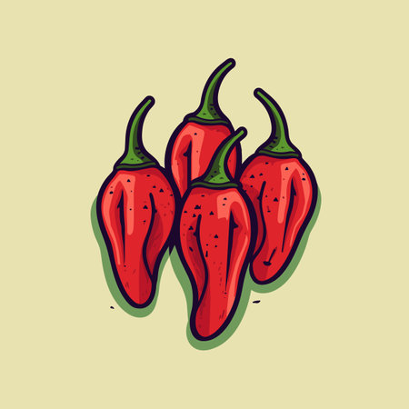 Vector of three red peppers on a yellow background - flat icon vector illustrationの素材