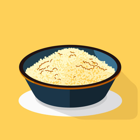 Vector of a bowl of rice on a yellow backgroundの素材