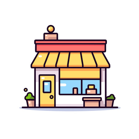 Vector of a charming small store with a vibrant yellow awning, inviting customers to explore its offeringsのイラスト素材